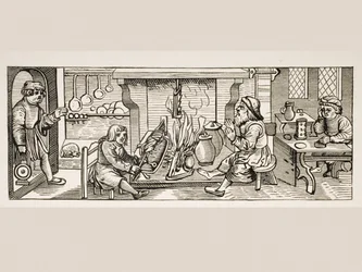 Interior de uma cozinha, depois de uma xilogravura em Calendarium Romanum por Jean Staeffler, impresso em Tubingen, Alemanha, 1518, de Le Moyen Age et La Renaissance por Paul Lacroix (1806-84) publicado em 1847